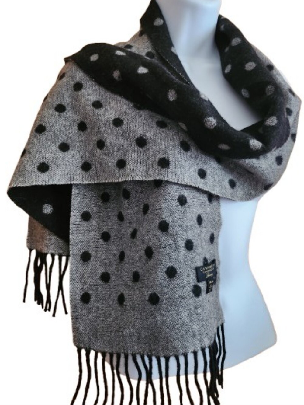 Charter Club Cashmere Reversible Black/Gray Polka Dot Fringe Scarf